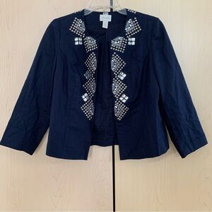 Chico's Women Long Sleeve Studded Rhinestone Open Jacket Linen Blend Navy Size 0